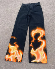 HEARUJOY  -  Classic Fashion Flame Print Trousers Men Y2k Goth Hip-hop Rock Punk Loose Personality High Waist Wash Oversized Jeans Women