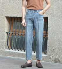 HEARUJOY  -  Spring Autumn Vintage Cotton Men Jeans Pants Elastic High Waisted Straight Trousers British Business Casual Naples Denim Pant