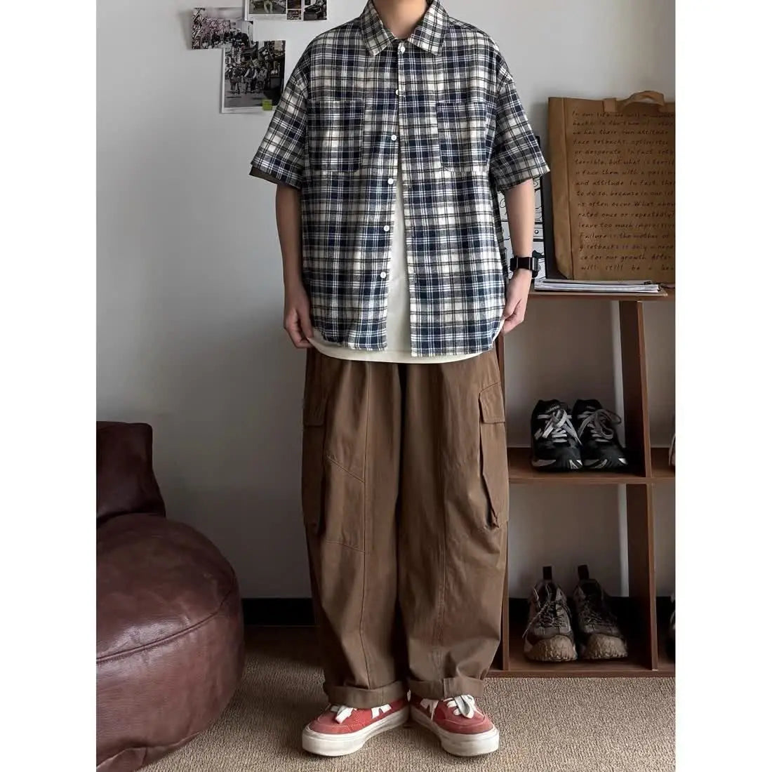 HEARUJOY  -  New Men's Color-blocking Retro Plaid Shirt Lapel Teenager