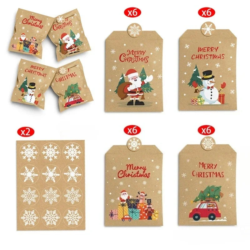 YICKYUE  -  24 Christmas Kraft Paper Snack Bags, Holiday Packing Bags Featuring Santa Claus Snowman Prints, Candy Buffet Paper Bags For Xmas