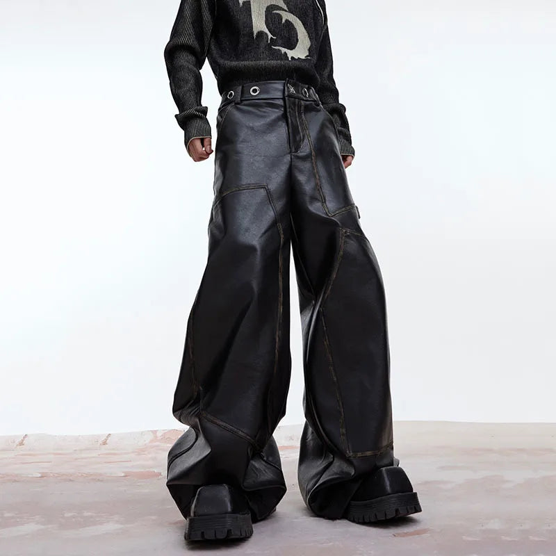 Hearujoy Vintage Men's Distressed PU Leather Pants Segmented Metal Niche Desige Wide Leg Casual Trousers Autumn Tide 9C3108