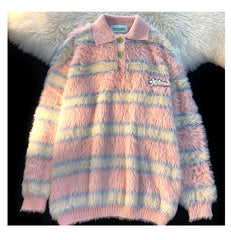YICKYUE  -  Japan Vintage Style Striped Mink Fur Polo Knit Shirt Men Long Sleeved Loose Mohair Knitwear Autumn Winter Fashion Sweater Tops