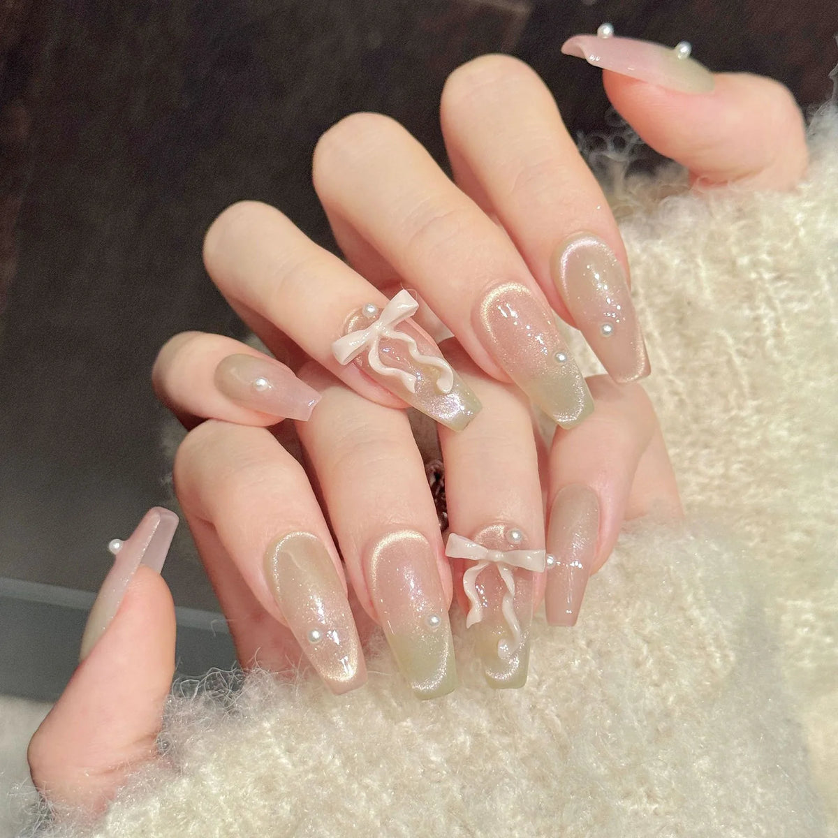 YICKYUE  -  10pcs Handmade 3D Ribbon Bow Press on Nails Gradient Pink Green Fake Nails with Pearl Decor Detachable Cat's Eye False Nails Tip