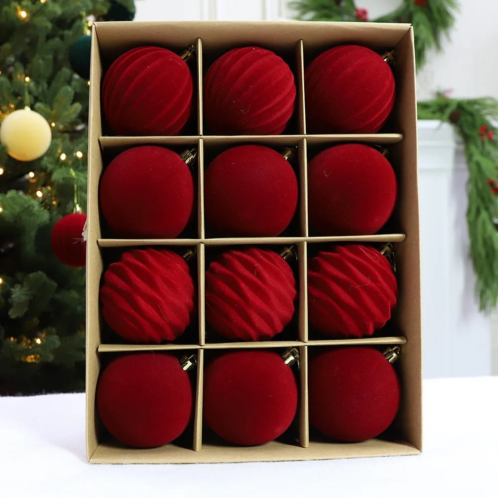YICKYUE  -  12pcs Velvet Christmas Ornaments-Red Flocked Balls with Golden Ribbons,Perfect for Holiday Tree Decorations,Christmas Ornaments