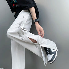 Hearujoy Harajuku Wide Leg Sweatpants Men Loose Side Buttons Sports Elastic Waist Letter Print Men Women Summer Thin Track Trousers