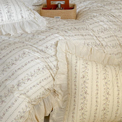 YICKYUE  -  French Cottage Vintage Floral 100% Cotton Bedding Set 4Pcs Shabby Chic Eyelet Ruffled Duvet Cover Set Bed Linen for Queen Bed