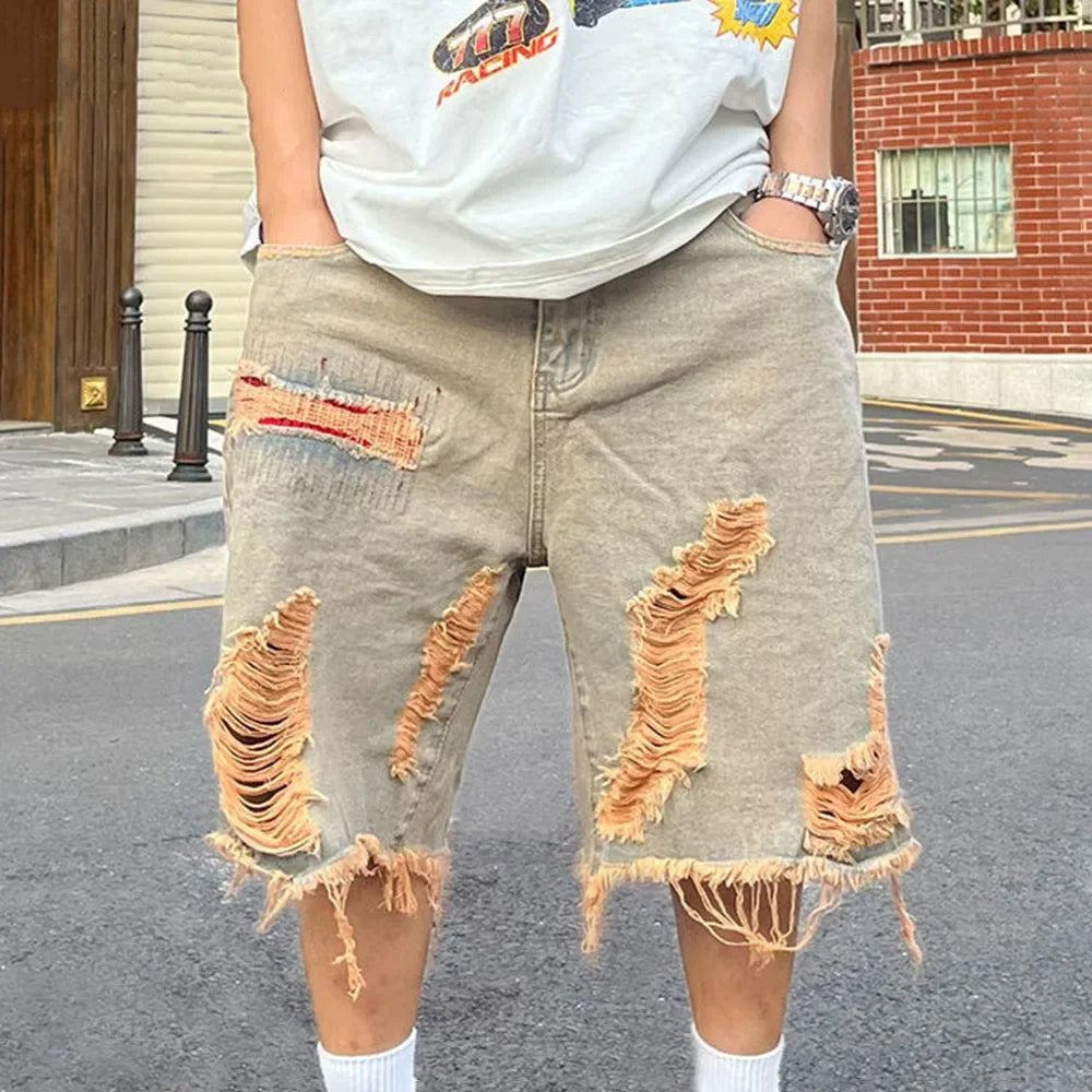 Hearujoy Mens Y2k Washed Distressed Raw Edge Ripped Denim Shorts Streetwear Retro Straight Leg Loose Denim Shorts Men's Clothing
