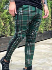YICKYUE  -  Men's Casual Slim Trousers Plaid Print Fashionable Long Pants Polyester Fiber mid Waist Zipper Closure Straight Tube Pants
