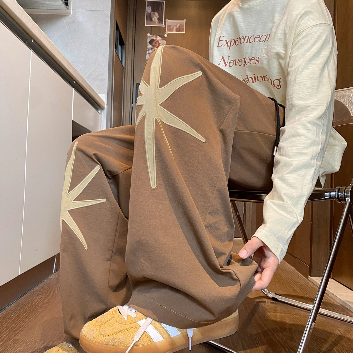 HEARUJOY  -  Men's Casual Pants Autumn Season Star Embroidery Wide Leg Sport Trousers Loose Fit Comfortable Long Pants American Lazy Sle
