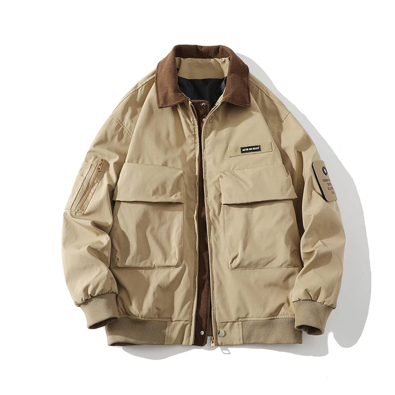 HEARUJOY  -  Autumn Men Pilot Jacket Multi-Pocket Retro Streetwear Casual Corduroy Patchwork Lapel Jacket Male Outerwear Clothing