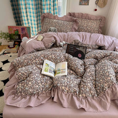 YICKYUE  -  Class A ancient imitation cotton washable four-piece set of French lace bedding small fresh print cute three-piece set