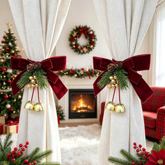 YICKYUE  -  1/2pcs Christmas Red Curtain Tie-Backs, Curtain Tie-Back Additions, Red Bow, Pinecone, Golden Small Bell Decoration, Home Decor