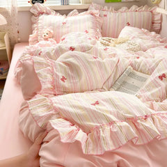 YICKYUE  -  3pcs pink seersucker Duvet Cover Set (1*Duvet Cover + 2*Pillowcase, Without Core),pink bow Bedding Set