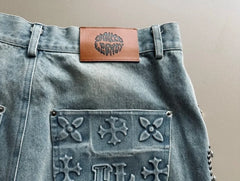 Hearujoy Embroidered letter denim shorts 2024 men's new summer fashion fresh retro trend fashion street denim casual pants medium pants