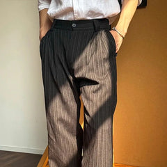 YICKYUE  -  Spring Summer Men Pinstripe Pants High Waist Wide Leg Relaxed Fit Casual Office Trousers