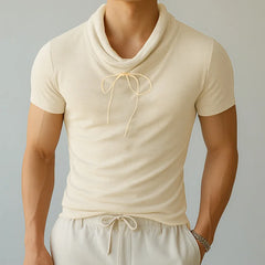 HEARUJOY  -  Men T Shirt Solid Color Drawstring Turtleneck Short Sleeve Male Tee Tops Streetwear Summer Fashion Men Clothing