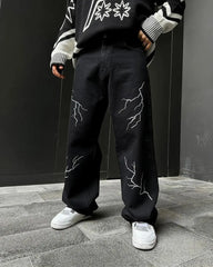 Hearujoy Harajuku fashion mens women’s jeans lightning graphic wide leg jean streetwear y2k denim cuples high waist pants men clothing