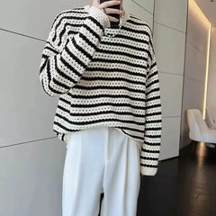 Hearujoy Stripe Knit T Shirts for Men Japan Korean Male Tops Luxury 90s Vintage Pullover F Polyester Elasticity Autumn New A Clothes