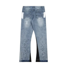 Hearujoy high street splashed ink ripped patchwork jeans for men and women trendy brand American straight slim micro-flared trousers