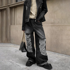 Hearujoy Mens Clothing American Street Loose Trend Contrast Color Ripped Jeans Retro Distressed Straight Fashionable Casual Trousers