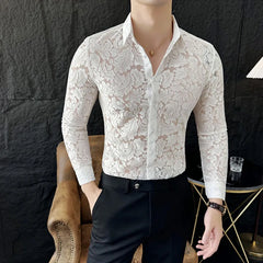 YICKYUE  -  Sexy Men's Mesh See Through Fishnet Lace Shirts Long Sleeved Slim Fit Transparent Shirt for Men Nightclub Prom Camisa Masculina