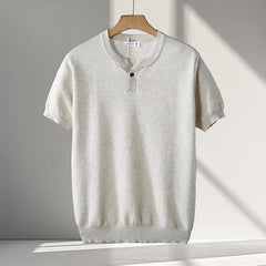 HEARUJOY  -  Vintage Men's Henley Neck Knit T Shirts Summer Casual Breathable Slim Fit Elastic Knitted Tee Men Fashion Short Sleeve Pullovers