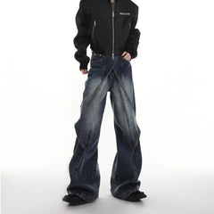 Hearujoy Men Casual Jeans Summer Heavy-Duty Old Washed Jeans Deconstructed Cut-Out Design Gradient Color Flared Pants Wide-Leg Pants