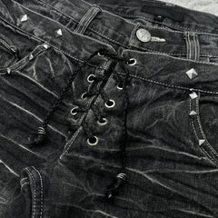 Hearujoy Y2K Washed Jeans Gothic Retro Micro Flared Double Waisted Lace Up Pants Men Women Streetwear High Quality Design Sense Trousers