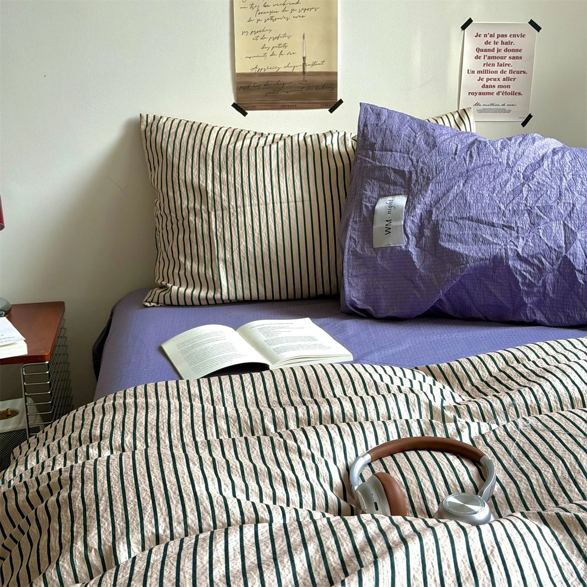 YICKYUE  -  Simple Striped Bedding Set Washable Cotton Dark Gray Quilt Cover With Pillowcases Bed Sheet Set Skin-Friendly Soft Single Twin