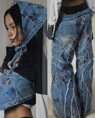 Hearujoy Y2k Retro Streetwear Cherry Blossom Stripe Embroider Baggy Jeans Women High Street Punk Patchwork Wide Leg Denim Pants Men Jeans
