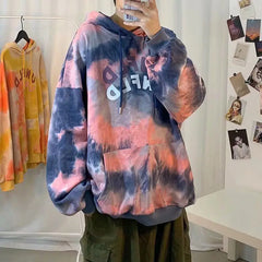 Hearujoy Tie Dye Hooded Sweatshirt Men's Loose Casual Korean Style Trendy Design Sense Niche Long Sleeved Top Letter Printed Jacket
