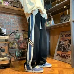Hearujoy Youth Korean Trendy Loose Straight Casual Pants Patchwork Elastic Waist Pockets Stripe Contrast Sports Loose Wide Leg Trousers