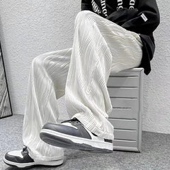 Hearujoy Summer Korean Fashion Simple Ice Silk Wide Leg Pants Men Solid Elastic Waist Pockets Thin High Street Loose Straight Trousers