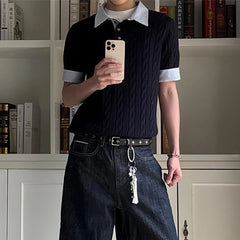 HEARUJOY  -  Summer New Casual Mens Knit Polo Shirt Slim Fit Short Sleeve Lapel Patchwork Polos Men Knitting Striped Printed Polo Shirts