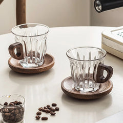 YICKYUE  -  2 Set Coffee Cups with Wood Coaster | Tempered Glassware Round Table Setting for Dining, Home Restaurant Use, for Housewarming