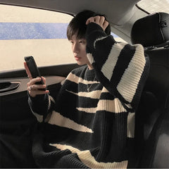 HEARUJOY  -  Men Knitted Loose Fit Male Jumpers O Neck Long Sleeve Striped Sweaters Pullovers Winter  High Street Slight Strech Basics