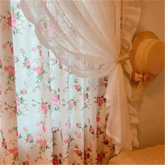 YICKYUE  -  French Idyllic Double-layer Ruffle Side Lace Flowers Curtains Living Room Polyester Cotton Pink Curtain Cloth Kitchen #A369