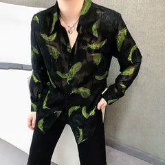 Hearujoy Mens Sexy Feather Embroidery Mesh See-Through Thin Shirt Autumn Genderless Fashion Nightclub Hollow Shoulder Pad Shirt Unisex