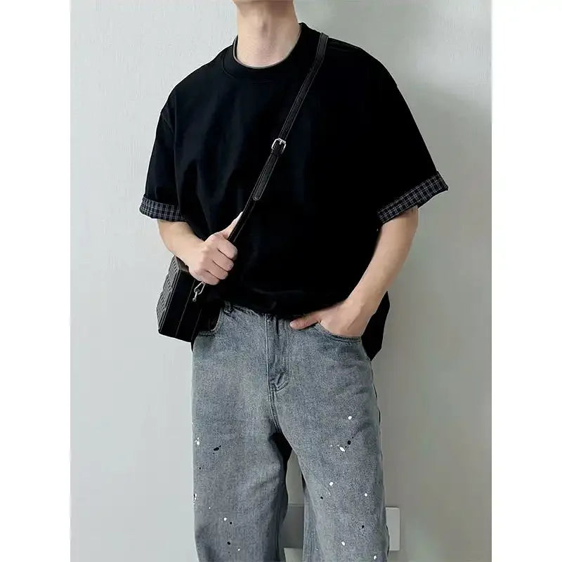 HEARUJOY  -  Men Summer Light Gray Fake Two Piece Short Sleeve T Shirt Korean Style Patchwork Plaid Cuffed Sleeve Loose Casual Top