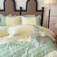 YICKYUE  -  3/4Pcs Korean Princess Style Luxury Haute Couture Chiffon Lace Ruffle Queen/King Size Quilt Cover Bed Skirt Double Bedspreads