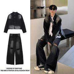 HEARUJOY  -  Autumn Denim Set Men Denim Jacket +Wide Leg Straight Jeans Casual Loose Solid Color Korean Style Street Stand Collar 2pcs Suit