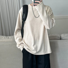 HEARUJOY  -  Autumn British Striped Round Neck Long Sleeve T-Shirt Japanese Korean Soild Color Casual Breathable Bottoming Shirt Men