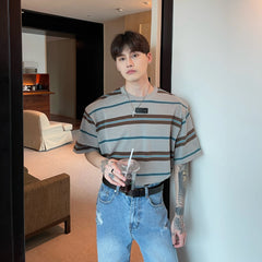 Hearujoy tide brand striped short-sleeved T-shirt men's loose cotton summer Korean version casual loose shoulder pads half sleeves