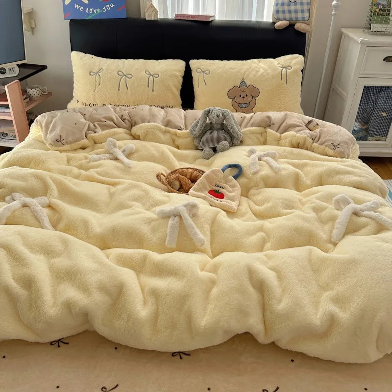 YICKYUE  -  Winter new soft rabbit fleece four-piece set three-dimensional bow thickened warm milk fleece duvet cover dormitory