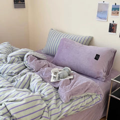 YICKYUE  -  Simple Style Bedding Set Milk Velvet Nordic Striped Duvet Cover Set+Bed Sheet Twin Queen Winter Home Bed Linens Drop Shipping
