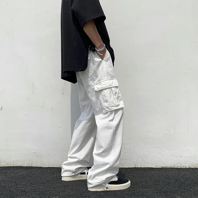 HEARUJOY  -  Trendy Korean Workwear Pants for Men Spring Autumn Loose Straight Casual Hong Kong Sle Pure Cotton Long Pants with Big kets