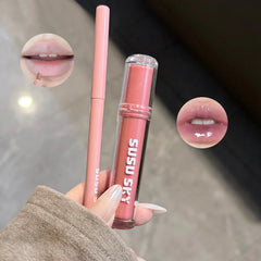 YICKYUE  -  2Pcs Grey Purple Mist Lip Makeup Set Matte Velvet Lip Gloss Lipliner Combo Plumping Long-lasting Non-drying Nude Peach Lip Glaze