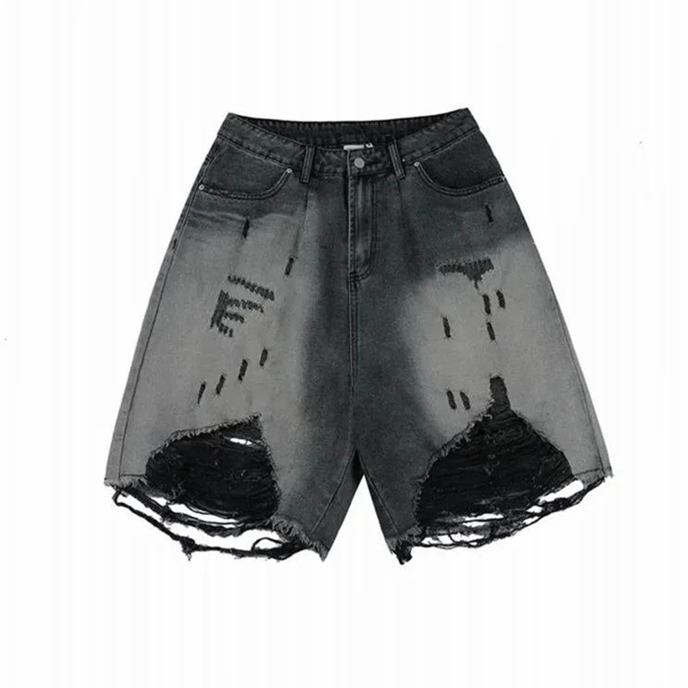 Hearujoy High Street Loose Washed Old Ripped Shorts American Retro Shorts Summer Street Y2K Hip Hop Tassel Wide Leg Casual Denim Shorts