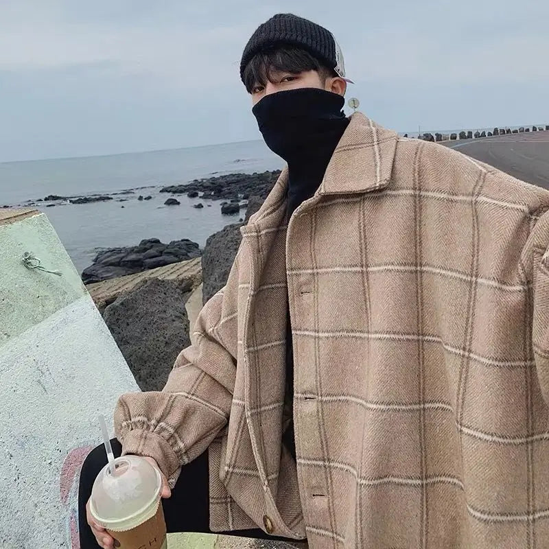 Hearujoy Coat for Male Students Korean Style Trendy Plaid Loose Woolen Brand Middle-aged and Young Jacket Woolen Coat