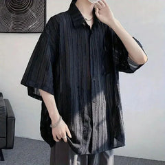 Hearujoy Men Casual Pleated See-Through Short-Sleeved Shirts Genderless 2024 New Thin Niche Personality Versatile Solid Color Tops Unisex